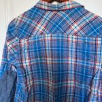 KAVU  Womens Button Front Shirt Blue Red Plaid Elbow Patches Photo 94