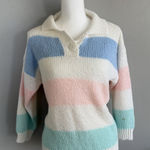 Vintage 80s Adam French Pastel Striped Knit Pullover Sweater Woman’s Size Small White Photo 0