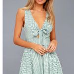 Lulus Dress Sz Small Sage Green White Gingham Tie Front Skater Photo 1