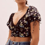 For Love & Lemons Black Floral Cropped Puff Sleeve Blouse Size Small Photo 0