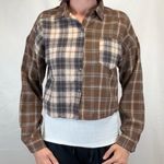 Love Note Love Notes Women's Cropped Mixed Patchwork Flannel Shirt L LG Large Brown Grey Photo 0