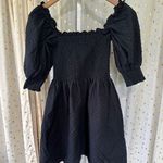 Kourt Calypso Poplin Smocked Bodice Cuff Puff Sleeve Fit Flare Mini Sun Dress S Black Photo 1