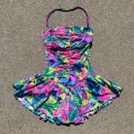 Catalina Vintage  neon tropical ruched skirted swimsuit with halter strap size 8 Photo 1