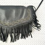 Lucky Brand Black Leather Fringe Slim Brass Stud Convertible Crossbody Clutch Photo 5