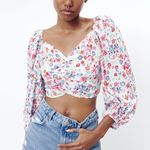 ZARA NEW LINEN BLEND FLORAL PRINT CROP TOP SIZE M RUCHED V NECK BALLOON … Photo 2