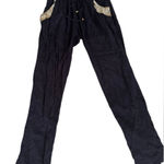 Ava Sky Black Rayon Pants Gold studded trim pockets one size NWT Photo 0