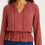 A New Day Ruffle Chiffon Blouse Long Sleeve Tie Neck Smocked Waist Top large Photo 0