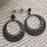 Awesome Hoop Dangle Pierced Earrings W Black Sparkly Rhinestones Silver Photo 0
