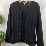 Marisa Christina Black 100% Boiled Wool Zip Up Ruffle Cardigan Sweater M Size 14 Photo 0