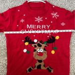 Merry Christmas Red Reindeer Googly Eyes Crewneck Sweater Holiday Ugly Christmas Brown Size L Photo 5