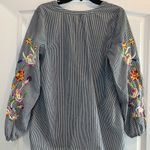 Talbots  Cotton Shirt Gray White Stripe Embroidered Sleeves L Tunic Tee Boho Photo 5