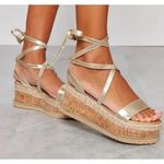 Pretty Little Thing NIB  Sandals Espadrille Lace Up Platform Gold 5 Party Event Photo 0