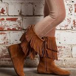 Minnetonka Moccasins Two Layer Fringe Back Zip Mid Calf Brown Suede Boots 7 Photo 1