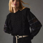 Anthropologie By  Black Ruffle Cable-Knit Sweater Balloon Sleeve Size Small Photo 0
