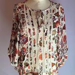 Karen Kane ivory, rust and purple floral print dolman sleeve semi sheer blouse M Photo 0