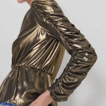 ZARA Gold & Black Shimmer Metallic Long Sleeve Peplum Top Blouse Size Small S Photo 0