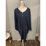 Navy Blue Asymmetrical Dolman Sleeve Zipper Front Dress Women Size L Photo 2