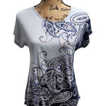 Chico's  Elegant Paisley Print Short Sleeve T-Shirt White‎ Navy Blue Casual Top Photo 0