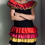 Vintage 80s Ruffle Fiesta Dress Colorblock Tiered Mini Carmen Miranda Vibes Black Size 4 Photo 6