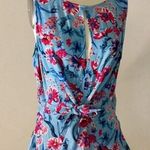 Willow & Clay  Tropical Pink Floral Print Blue Sleeveless Blouse w Tie Small Photo 0