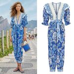 Farm Rio  Blue and White Floral Full Of Flowers Ruffle Jumpsuit Size Small Photo 2