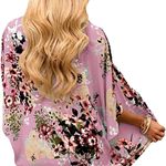 Women's Batwing Floral Chiffon Kimono Beachwear Cover Up Pink L Size L Photo 3