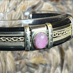 Silver and Black Leather Bracelet with Pink Stone Photo 3