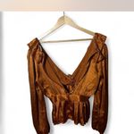 Pink Lily  Blouse Women's Small Copper/Orange V Neck Satin Ruffle Peplum Blouse Photo 1