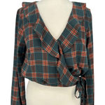 Lumière Lumiere Plaid Wrap Ruffle Collar Balloon Sleeve Blouse Green Orange Size Medium Photo 0