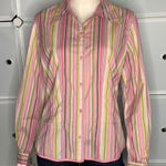 Sigrid Olsen  Pink & Green Stripe Button Up Shirt Size Medium Photo 0