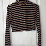 Women’s black brown striped mock neck ribbed stretch cropped long sleeve top M Size M Photo 0