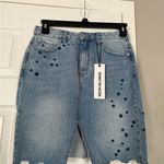 Neon Blonde Denim Skirt Star Details Distressed Hem NWT Blue Size 6 Photo 7