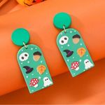 🌸 4 for $20 Halloween Skull & Hat Ghost Printed Clay Texture Acrylic Earrings Green Photo 6