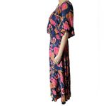 Jaase Blue Pink Orange Boho Hippie Indie Earthy Floral Smocked Ruffle Maxi Dress Photo 3