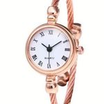 Vintage Roman Numeral Dial Wire Bangle Bracelet Watch Rose Gold with White Dial Photo 0
