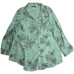 Vtg 1990s Comfy USA Mint Green Illustrated Floral Print Linen Button Up Top XL Photo 0
