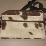 Silver Plum Cowhide Print Crossbody Purse Brown Beige Button Accent Zip Closure White Photo 2