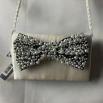 Nina NWT  SMALL SHOULDER PURSE CREAM WITH BLACK PEARL BEADED BOW DESIGN Photo 12