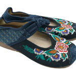 Womens Wedge Heels Canvas Floral Embroidered Ankle Strap Navy Blue 255 US 8.5 Photo 0
