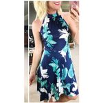 Amazon Womens Navy Blue Tropical Halter‎ Neck Flare Mini Dress Size XL Photo 1