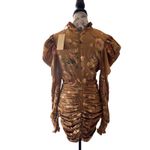 A Peuch Ruched Puff Sleeve Mock Neck Floral Print Mini Dress Brown M Size M Photo 2