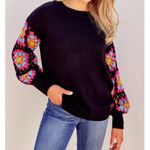 JODIFL  plus sz 1X black knit sweater drop shoulders crocheted colorful sleeves. Photo 1