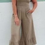 Anthropologie 100% cotton gauze olive green smocked jumpsuit Photo 1
