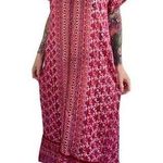 Vintage Metallic Sheer Chiffon Pink Floral Boho Button Up Maxi Kaftan Dress OS Size undefined Photo 0