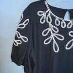 Anne Klein  Cotton Black Blouse With White Embroidery Short Puffed Sleeves XL Photo 2