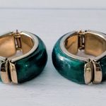 Vintage Clip On Earrings Statement Green & Gold Tone Chunky Large Hoops Photo 4
