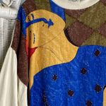 Vintage Jou Jou 80s Painted Art Sweatshirt Beaded Abstract Face Oversized Artsy Tan Size 00 Photo 2