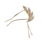 Elegant Gold Leaf Crystal Hairpin Set with Dangling Pearls NWT Photo 3