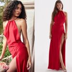 House Of CB  Zanab Halter Thigh-Slit Maxi Dress – Red Rose, Size L NWT Satin Photo 2