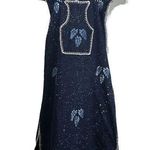 Handmade Navy Blue Thick Bohemian Caftan Embroidered Stitch Leaf Maxi Dress OS Photo 0